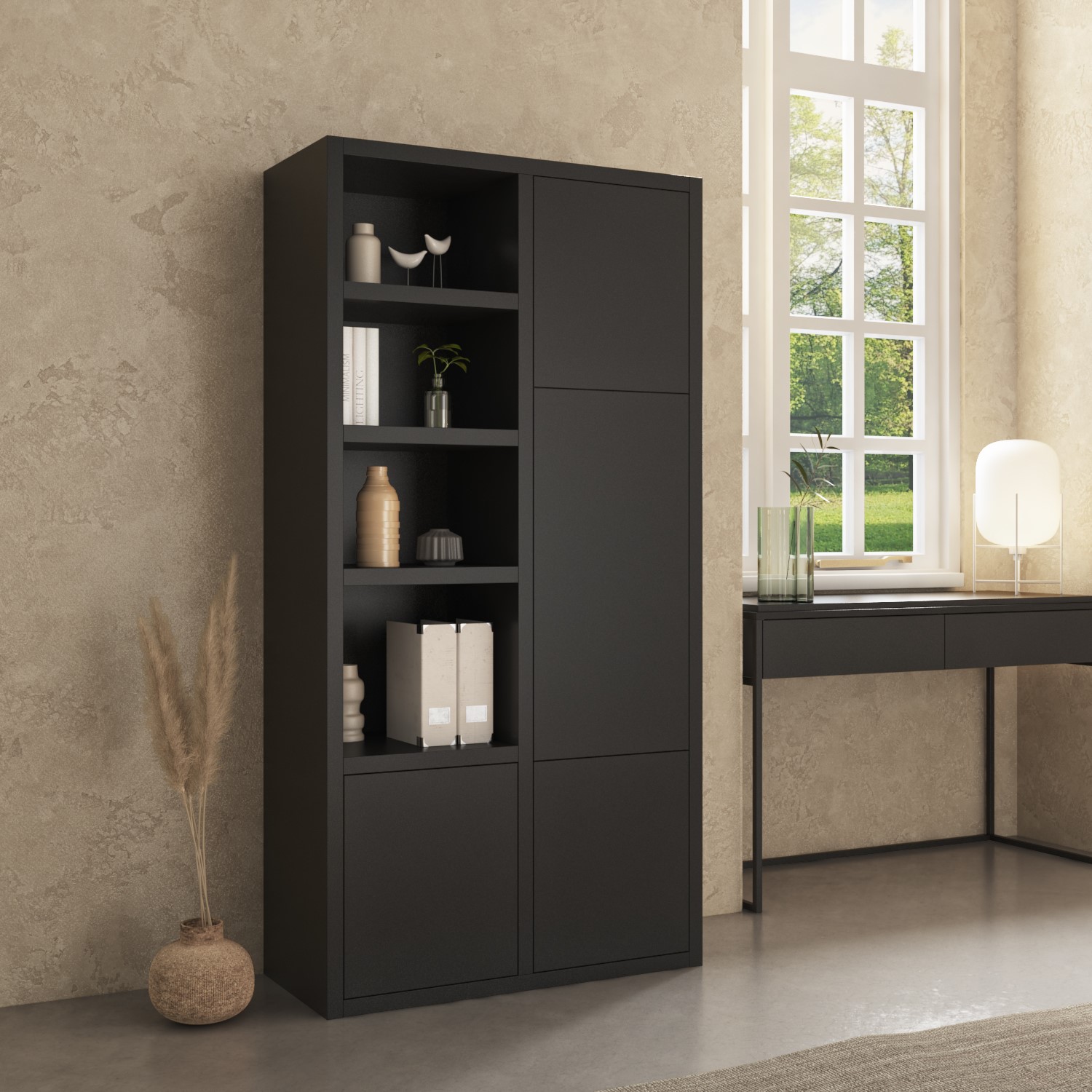 Read more about Tall matt black wooden office bookcase with shelving and cupboards larsen
